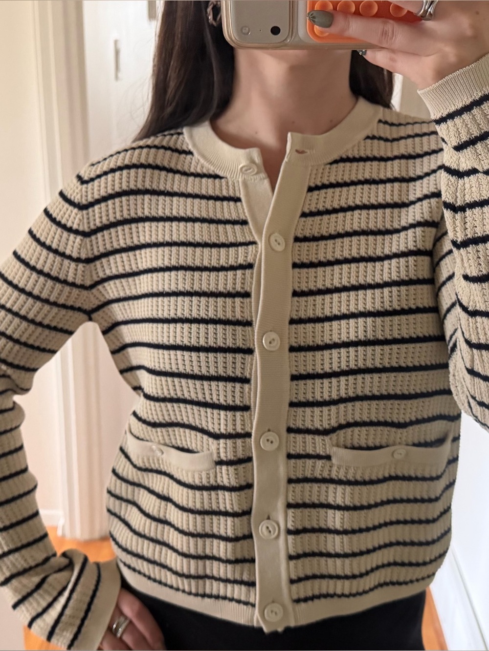 RAG & BONE Striped Cream and Black Button-Front Knit Cardigan